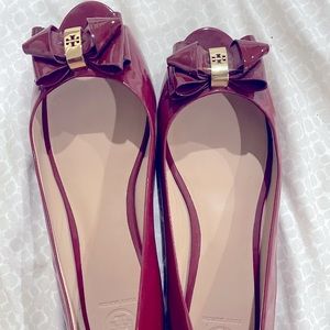 Tory Burch Bow Patent Leather Peep Toe Flats
